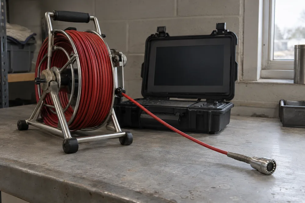 Connected sewer inspection camera equipment on a work surface